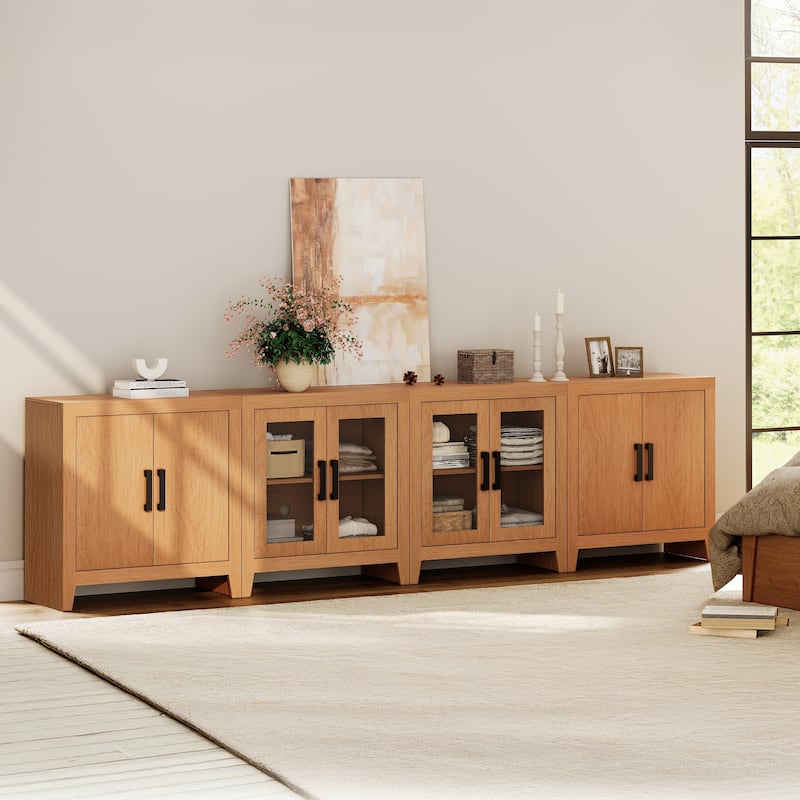 WAMPAT Large Farmhouse TV Stand with Glass Door & Cabinet Storage, Rustic Media Console for up to 110-inch TVs