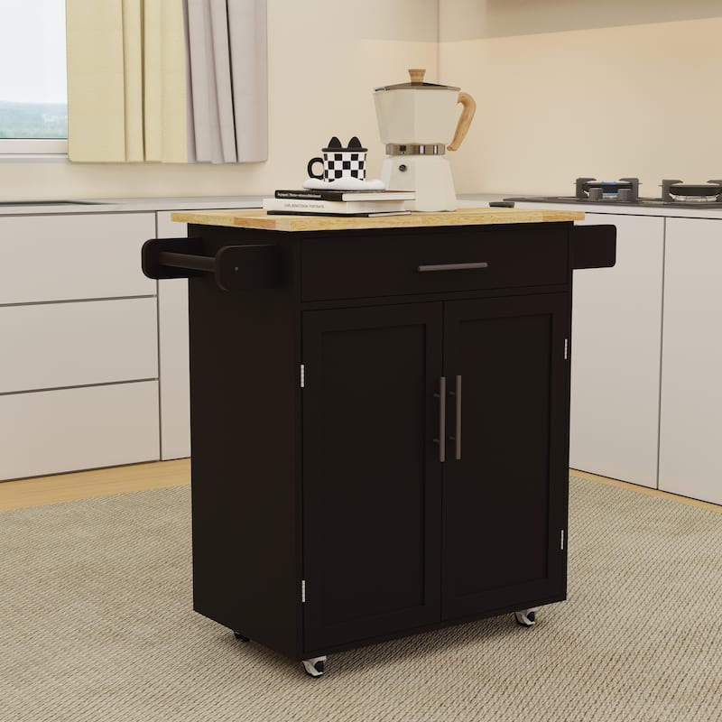 Rolling Kitchen Island with Rubber Wood Table Top, Kitchen Island Cart on Wheels with Adjustable Shelf, 1 Drawer & 2 Doors