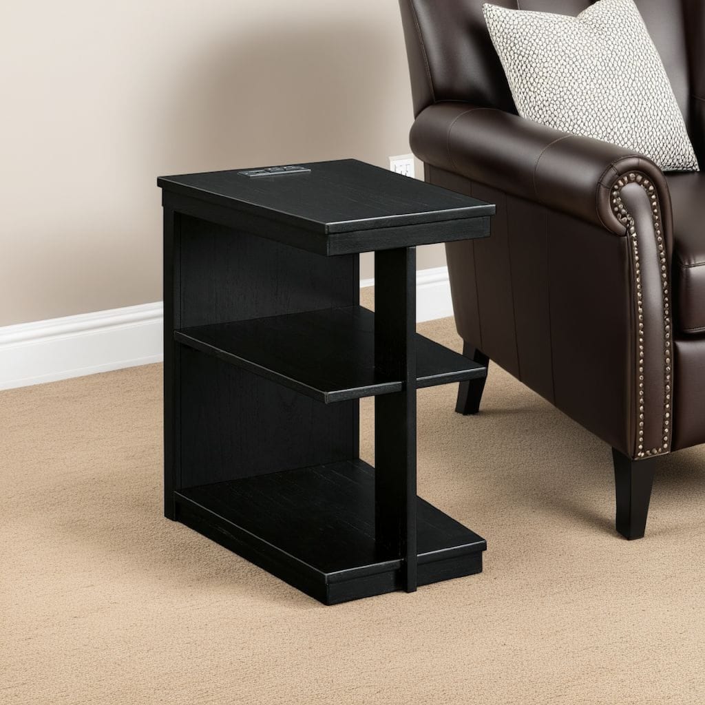 Wendy Chairside End Table, 2 Shelves, USB Port, 21 Inch Black Wood