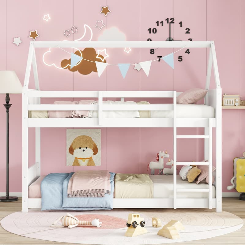 Twin Over Twin House Floor Bunk Bed with Headboards, Footboards, Guardrails, and Ladder, White - White