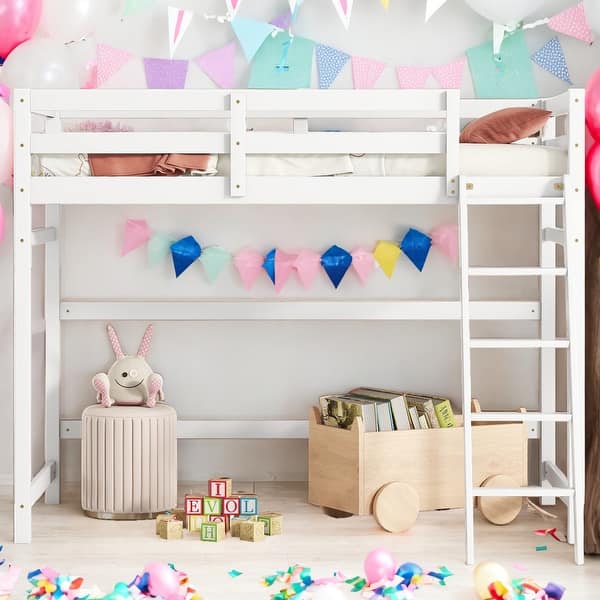slide 2 of 9, Twin Size Kids Bed High Loft Bed with inclined Ladder and Guardrails Kids Furniture, Grey White