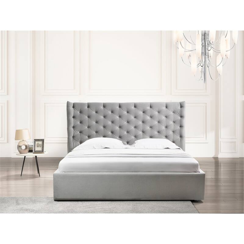 PARKER bed in gray velvet fabric tufted headboard with storage.