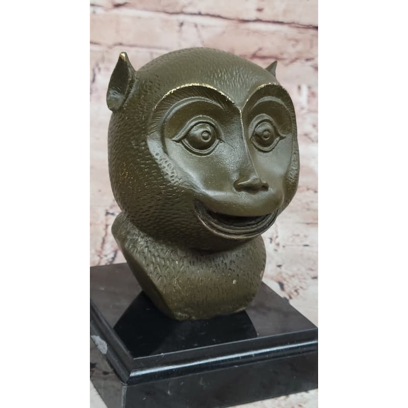 Abstract Bronze Primate Sculpture – Smiling Monkey Bust On Marble Base