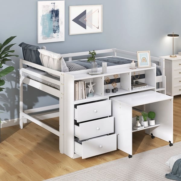 slide 2 of 14, Full Size Low Loft Bed with Rolling Portable Desk, Drawers and Shelves, White White