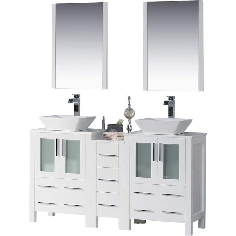 Blossom Sydney 60 Inch Double Sink Vanity with Side Cabinet & Mirrors - Glossy White