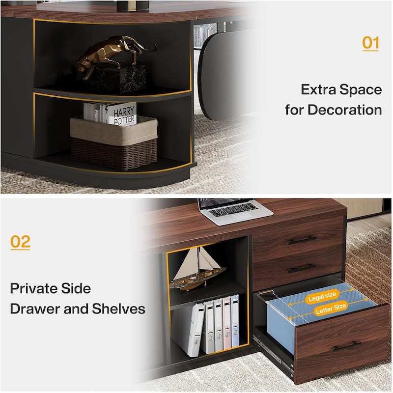 80'' Executive Desk, L-Shaped Office Table with 55'' Cabinet