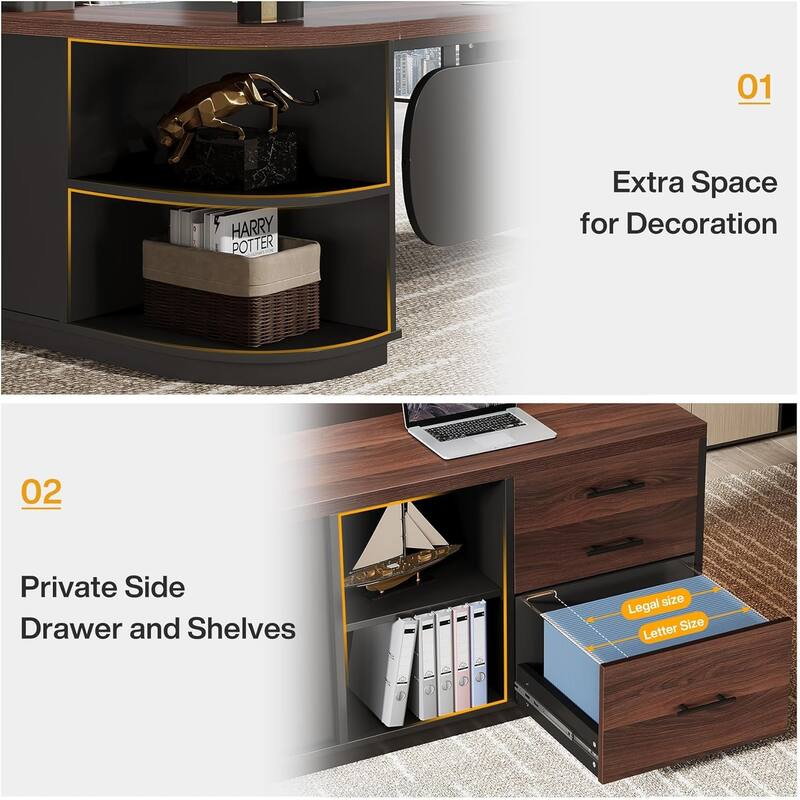 80'' L-Shaped Desk, Large Executive Office Desk with 55'' Drawers Cabinet