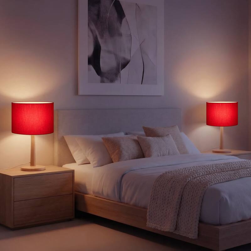 16.3" Modern Table Lamp with Natural Wood Base, Linen Fabric Drum Shade for Bedroom, Living Room, Nightstand