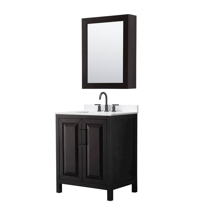Daria 30-inch Single Vanity, 3 Hole Quartz Top, Med Cabinet - Dark Espresso, Black Trim, White Quartz Top