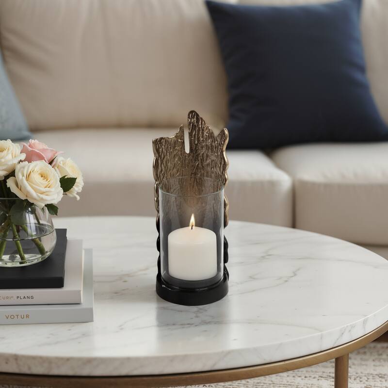 Metal Glass Candle Holder Pillar Backplate Artisan-Inspired Accent - 5" x 5" x 11"
