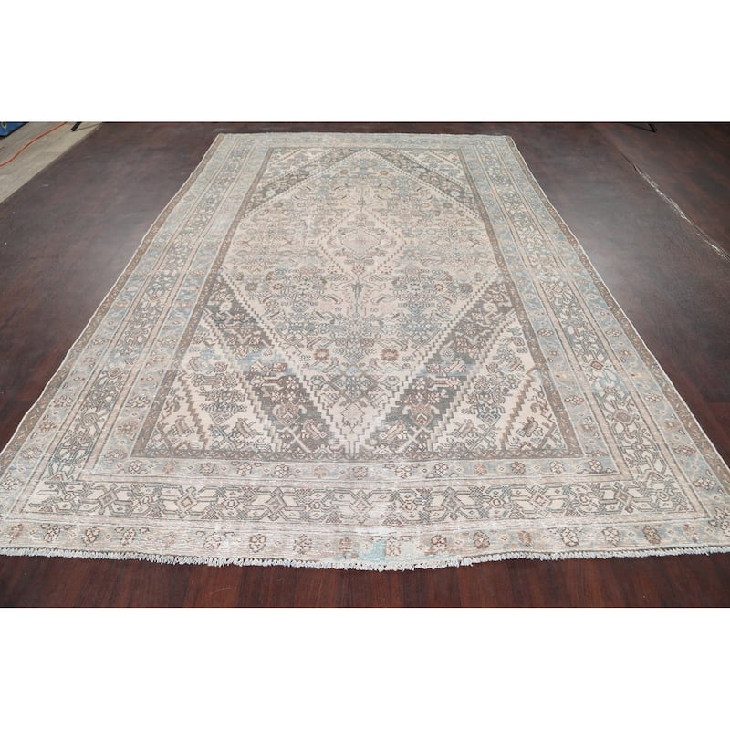 Distressed Geometric Hamedan Persian Area Rug Wool Handmade Carpet - 6'8" x 9'11"