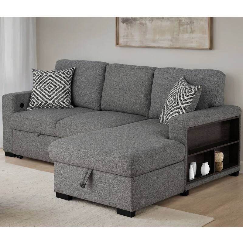 Furniture of America Oswin Modern Grey Pull-Out Sleeper Sofa Sectional with Storage Shelves and USB Ports