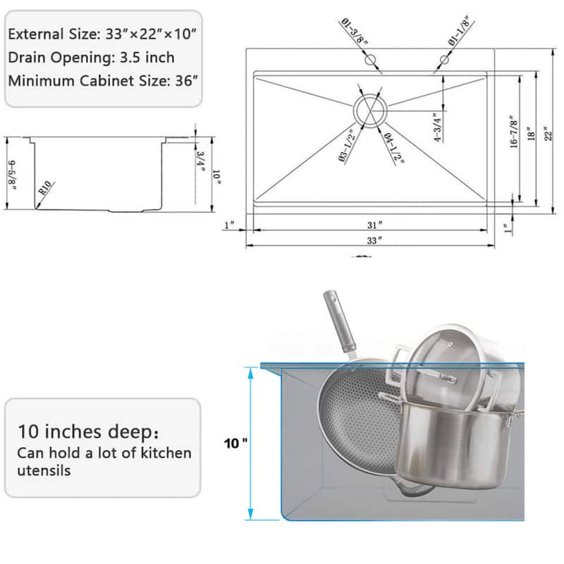 Modern 33'' Drop-in Single Bowl Stainless Steel Kitchen Sinks, Workstation Sink for Kitchen - 33