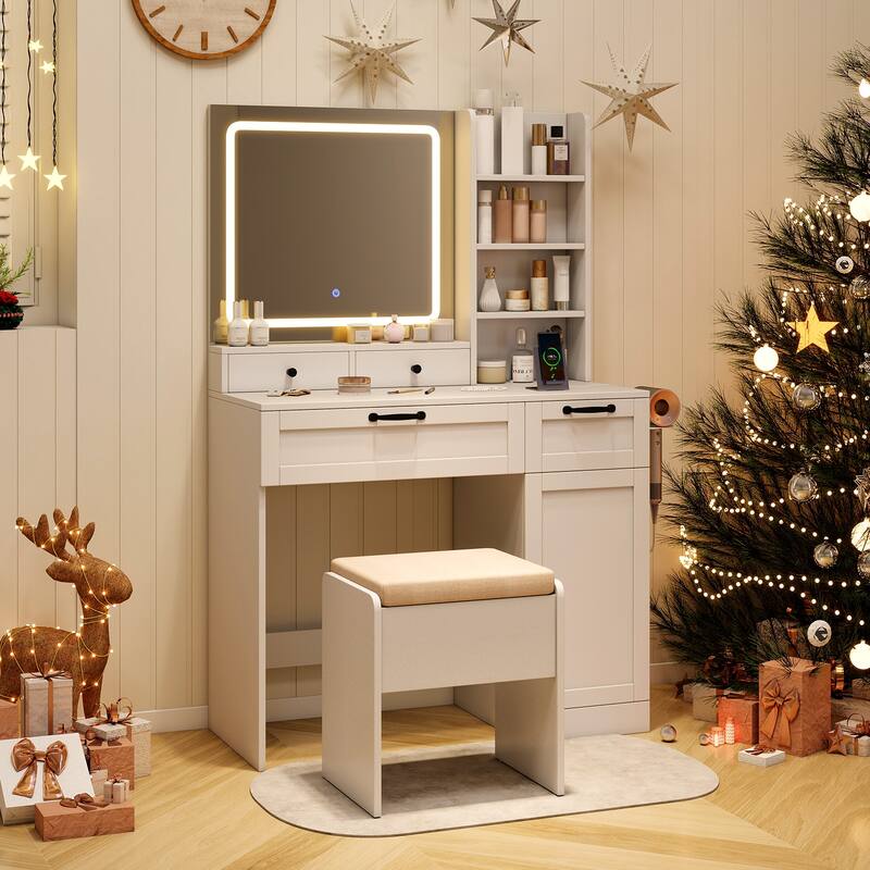 Gymax Vanity Set w/Cushioned Stool Makeup Table w/Adjustable Lighting