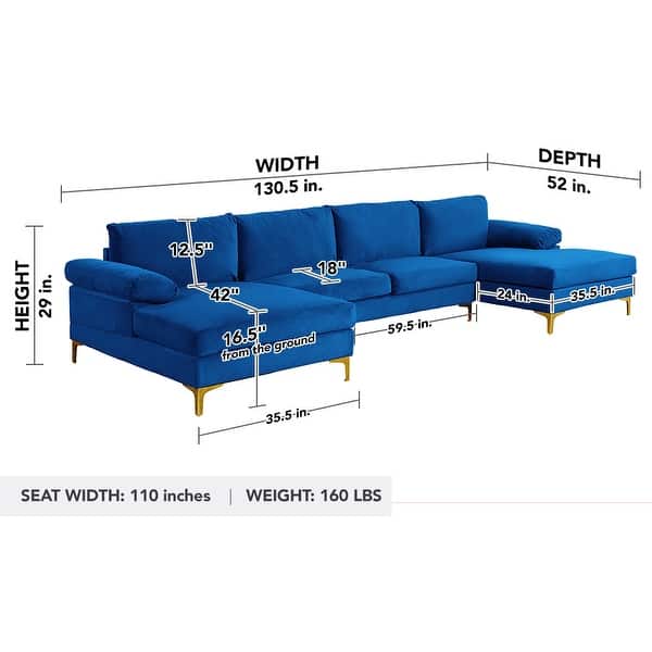 dimension image slide 5 of 12, Modern XL Velvet Upholstery U-shaped Sectional Sofa