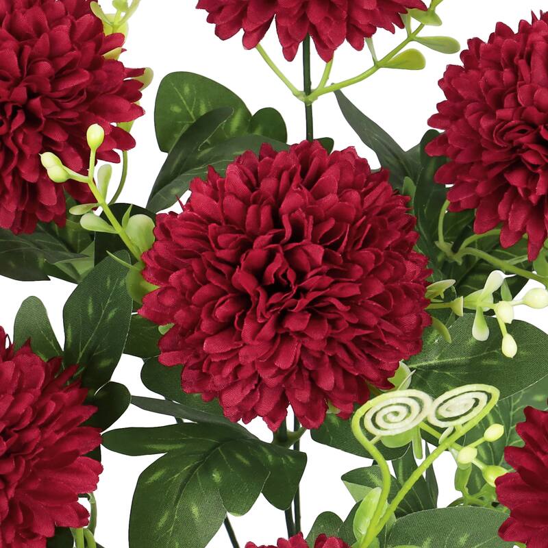 Set of 3 Red Burgundy Artificial Pom Pom Mum Flower Stem Bush Bouquet 16in - 16" L x 8" W x 8" DP