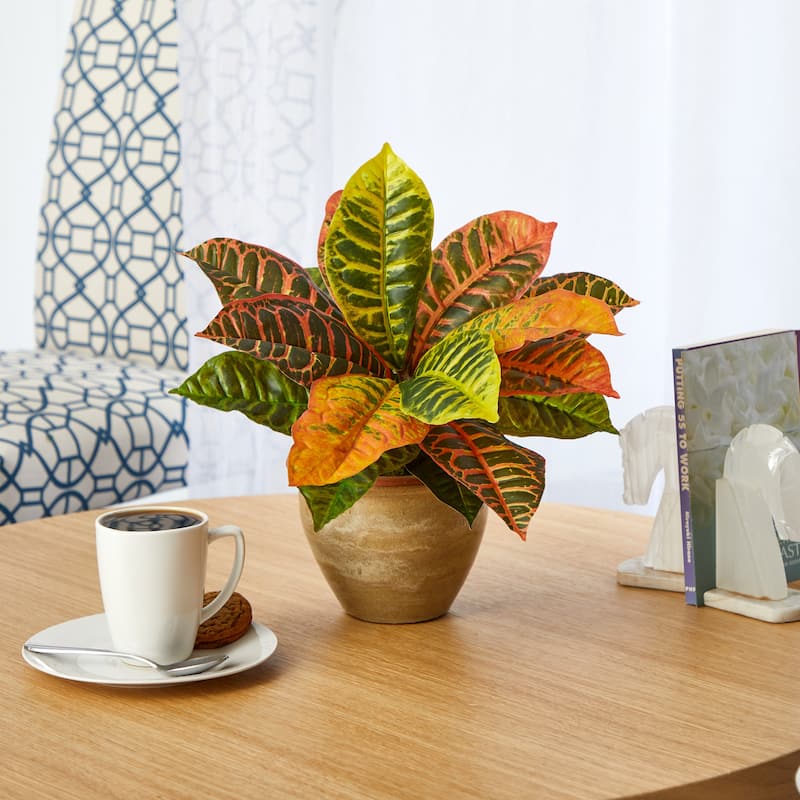 15" Garden Croton Artificial Plant in Ceramic Planter (Real Touch)