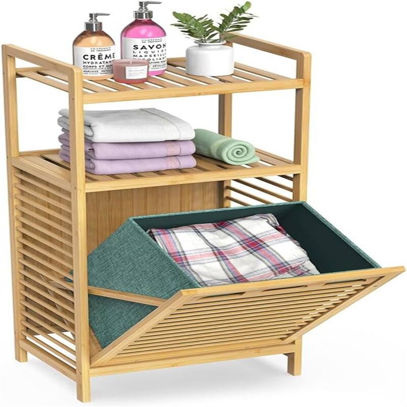 Bamboo Laundry Hamper with Storage Shelves & Clothes Basket - 11.8"D x 15.6"W x 37.4"H - 11.8"D x 15.6"W x 37.4"H - Natural