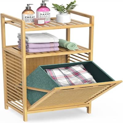 Bamboo Laundry Hamper with Storage Shelves & Clothes Basket - 11.8"D x 15.6"W x 37.4"H