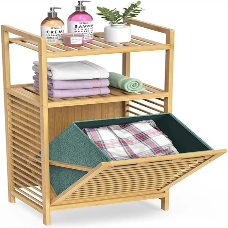 Bamboo Laundry Hamper with Storage Shelves & Clothes Basket - 11.8"D x 15.6"W x 37.4"H