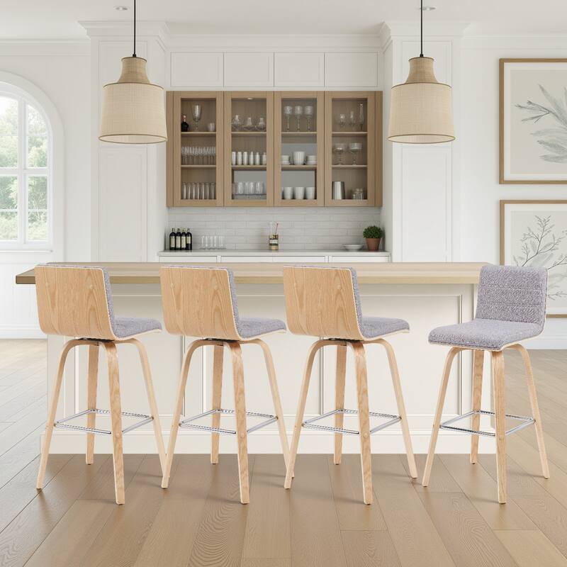 Skara Swivel Bar Stool, Upholstered Bar Height Chair with Bentwood Frame - Grey Fabric & Oak - Set of 4