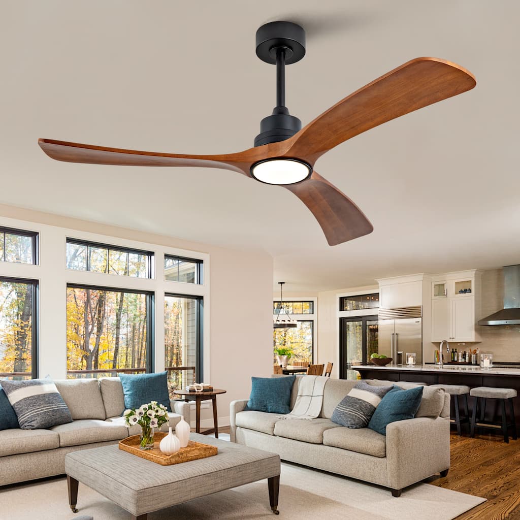 52 Inch Wood Ceiling Fan With 3 Solid Wood Blades Remote Control Reversible DC Motor For Living Room - Black