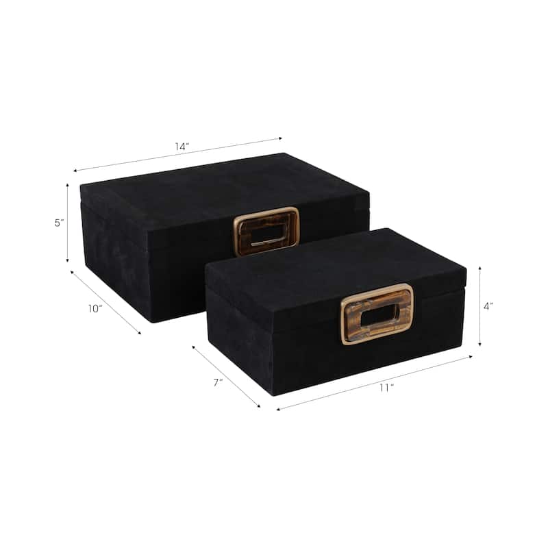 Wood Metal Storage Box Gold Accents (Set of 2) - 4", 5" Black - 14" x 10" x 5"