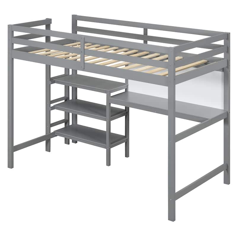 Twin Size Wooden Loft Bed with Built-In Desk, 3-Tier Shelves, Writing Board and Safety Guardrails, Space-Saving Design