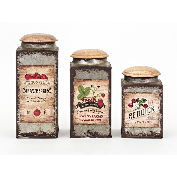 IMAX Home 70592-3 TY Berry Patch Three Piece Iron Jar Set with Mango Wood Lids - Multi-Colored