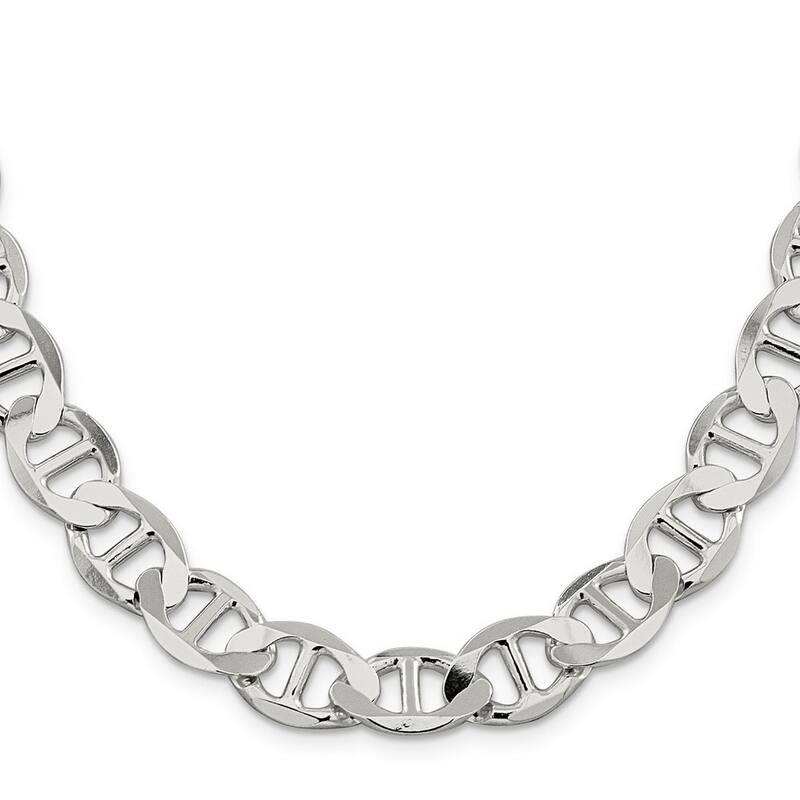 Curata 925 Sterling Silver 12.3mm Semi solid Flat Mariner Anchor Chain Necklace