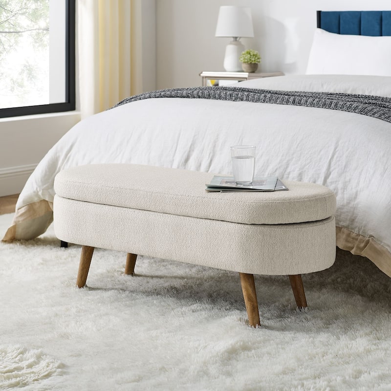 Storage Bench Modern Linen Fabric Ottoman Footstool with Solid Wood Legs Oval Storage Entry Bench Seat for Living Room Bedroom - Beige