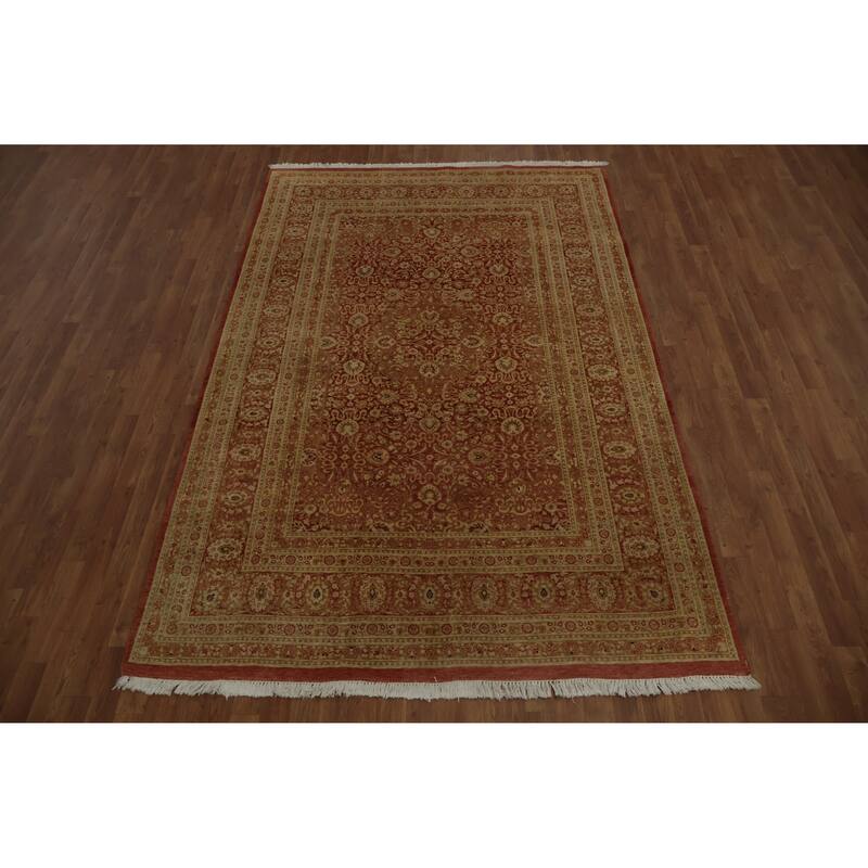 Hand Knotted Oriental 100% Wool Carpet Traditional Floral Oranges & Rust Qum Area Rug - 9' 5'' X 6' 1''