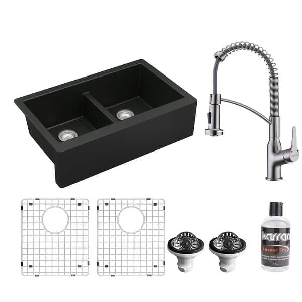 slide 2 of 10, Karran All in One Apron Front/Farmhouse Quartz 34-in Double Bowl 50/50 Sink in Black with Faucet KKF210 in Stainless Steel
