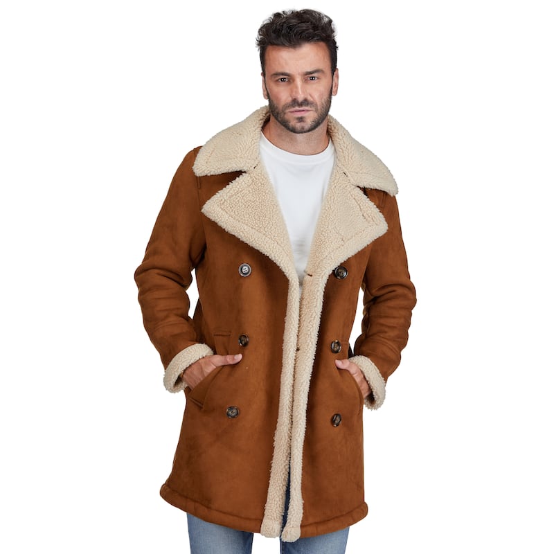 Braveman Faux Shearling Double Breasted Overcoat - Cognac - L