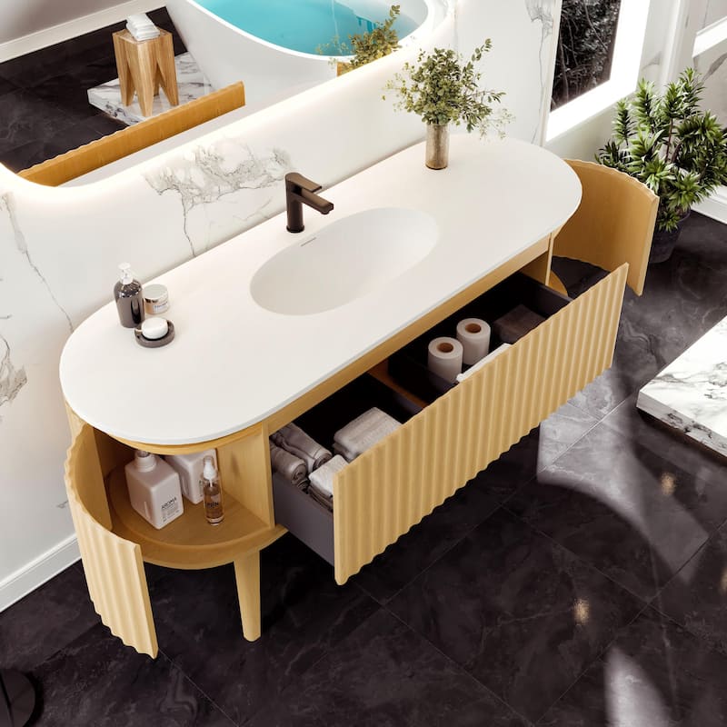 Haven 64"W Oak Freestanding Vanity with Solid Surface Integrated Sink Top