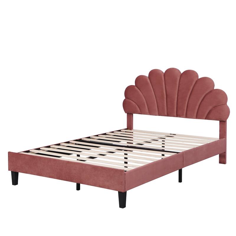 Bean Paste Red Velvet Upholstered Platform Bed: Flower Shape Headboard