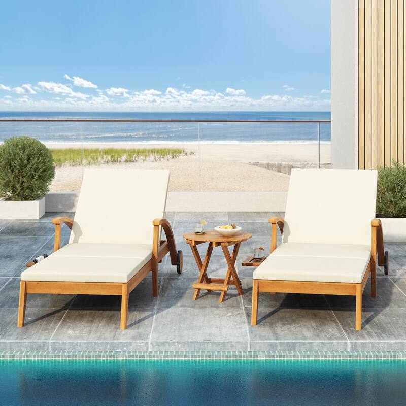 Wood Outdoor Chaise Lounge Chair with Wheels and Cushion, Adjustable Backrest for Patio Garden Poolside