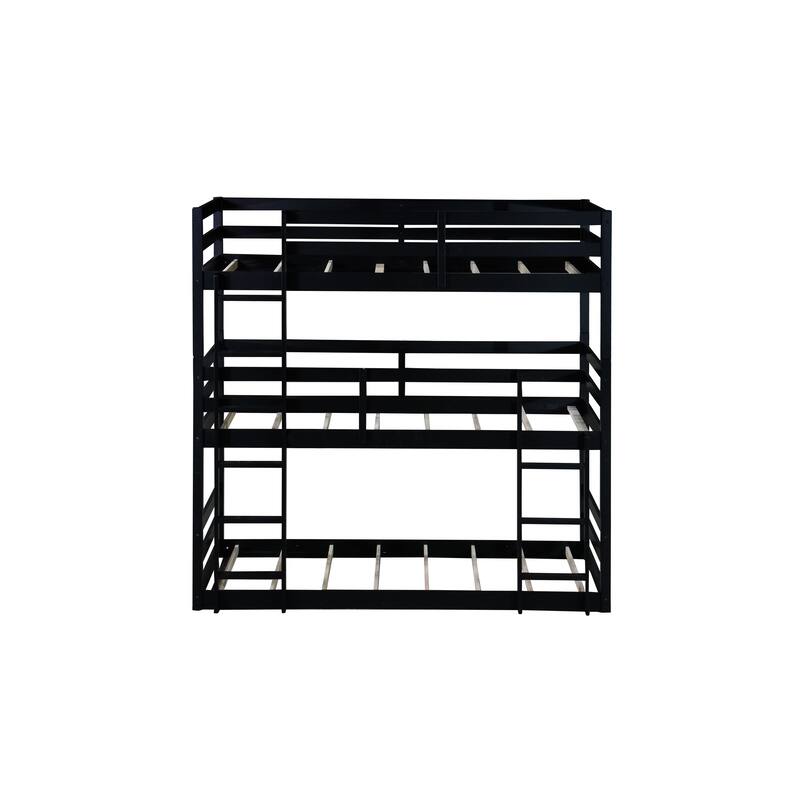 Triple Twin Bunk Bed with Built-in Ladders and Guardrails, Space-saving Design, Detachable, Black