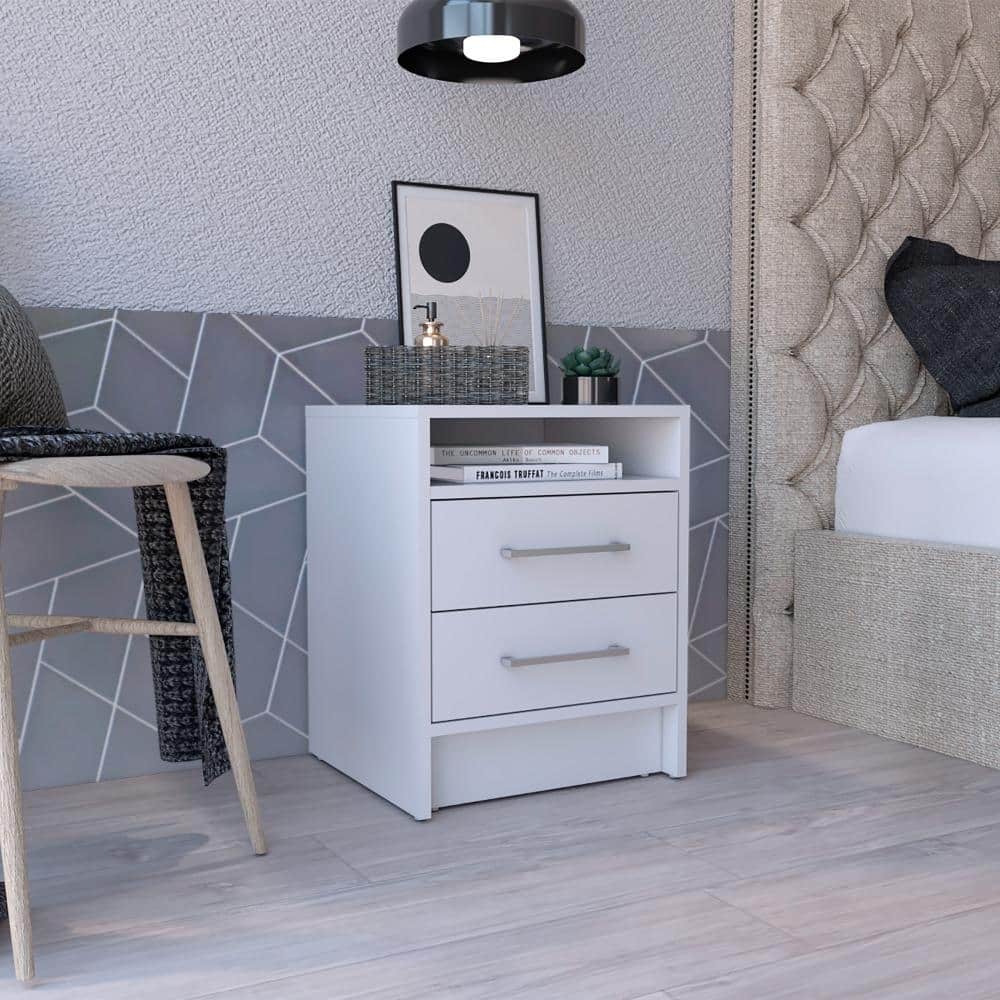 20-Inch White Nightstand with Two Drawers and Metal Handles