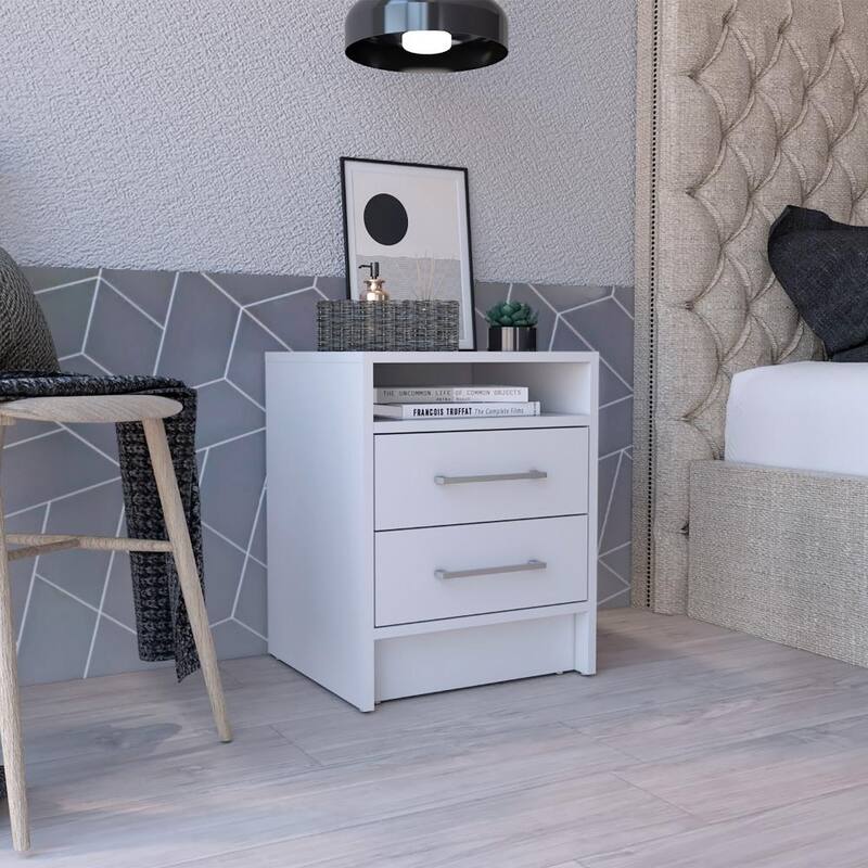 Modern Light Gray Bedside Table, 19.9"H with Two Drawers and Display Shelf - White