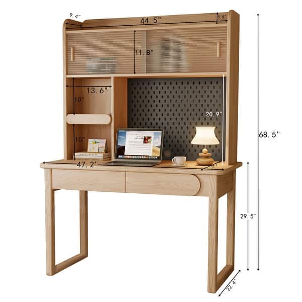 dimension image slide 1 of 2, Kids Study Desk with Hutch,Student Writing Desk Workstation, Natural,Ash Wood