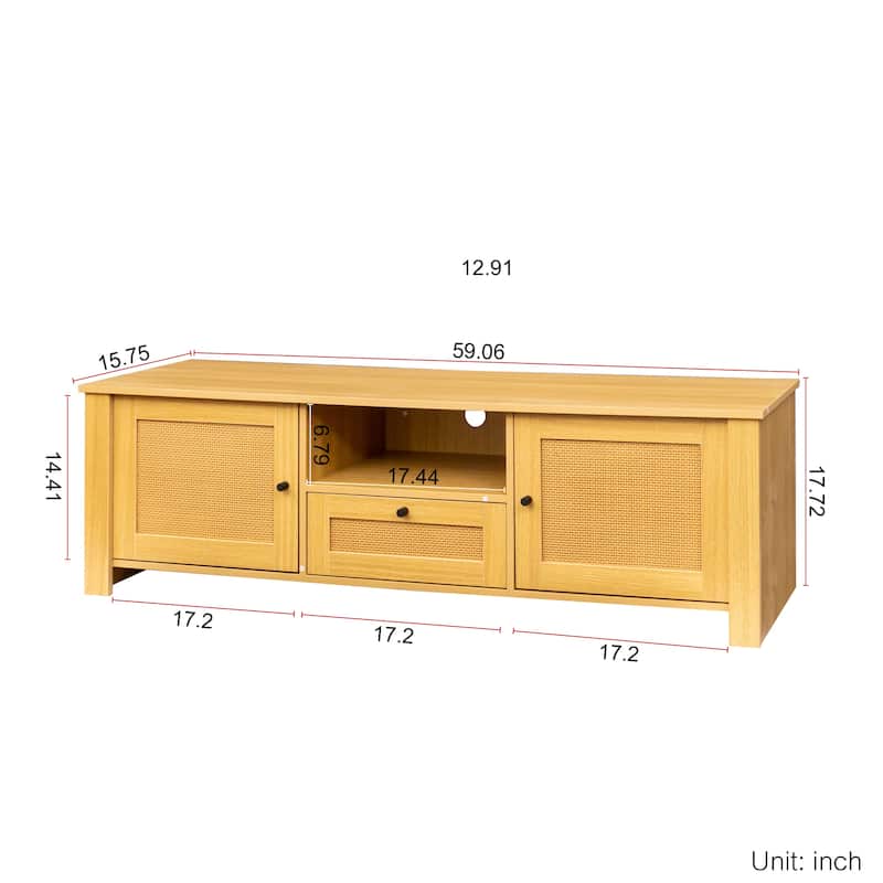 Mid-Century Modern Solid Wood TV Stand for 65" TVs with 2 Open Cubbies and 3 Drawers, Walnut