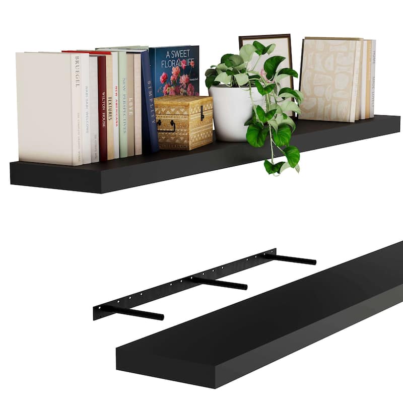 Wallniture Ronda 60 inch Floating Shelf, Wall Shelves for Living Room, Floating Bookshelves for Wall, Black Shelf