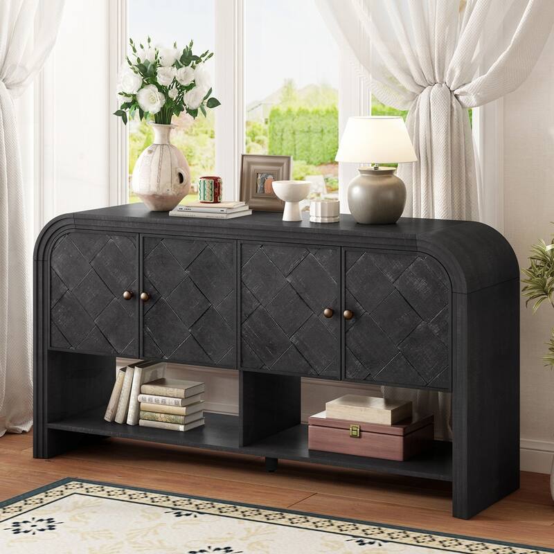 Versatile console table with Woven Wood Slats and Solid Wood Veneer - Black
