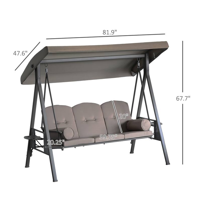 Outsunny Outdoor Patio 3-Person Canopy Cushioned Seat Bench Swing with Included Side Trays & Padded Comfort