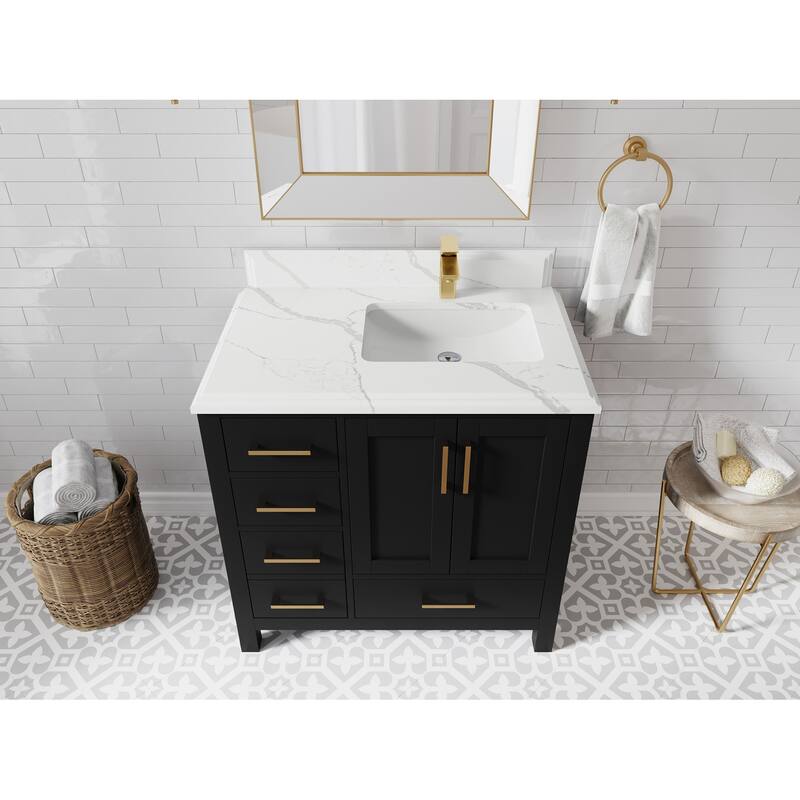 Willow Collections 36 in. W x 22 in. D Malibu Right Offset Sink Bathroom Vanity with Countertop - 1.5" Calacatta Laza - Black