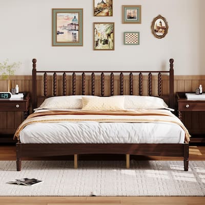 King Size Wood Platform Bed with Gourd Shaped Headboard,Retro Style Platform Bed with Wooden Slat Support,Walnut