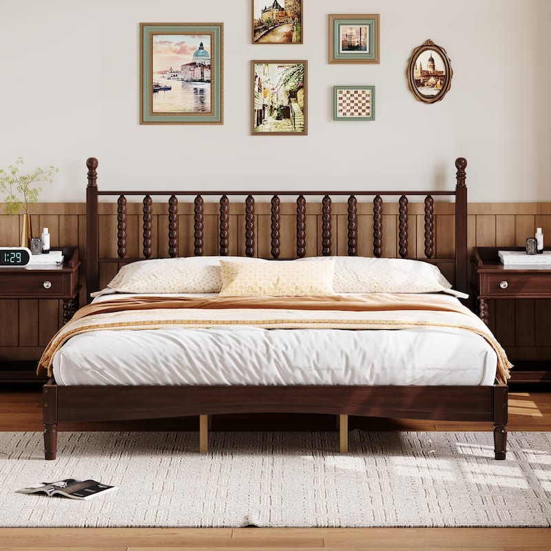 Roomfitters Wood Platform Bed, Retro Gourd Spindle Headboard with Solid Slat Support, Walnut