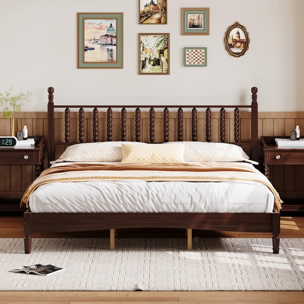 Roomfitters Wood Platform Bed, Retro Gourd Spindle Headboard with Solid Slat Support, Walnut
