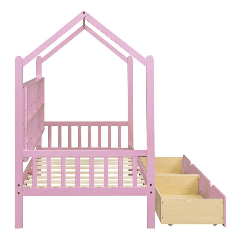 Wooden Twin Size House Bed with 2 Drawers